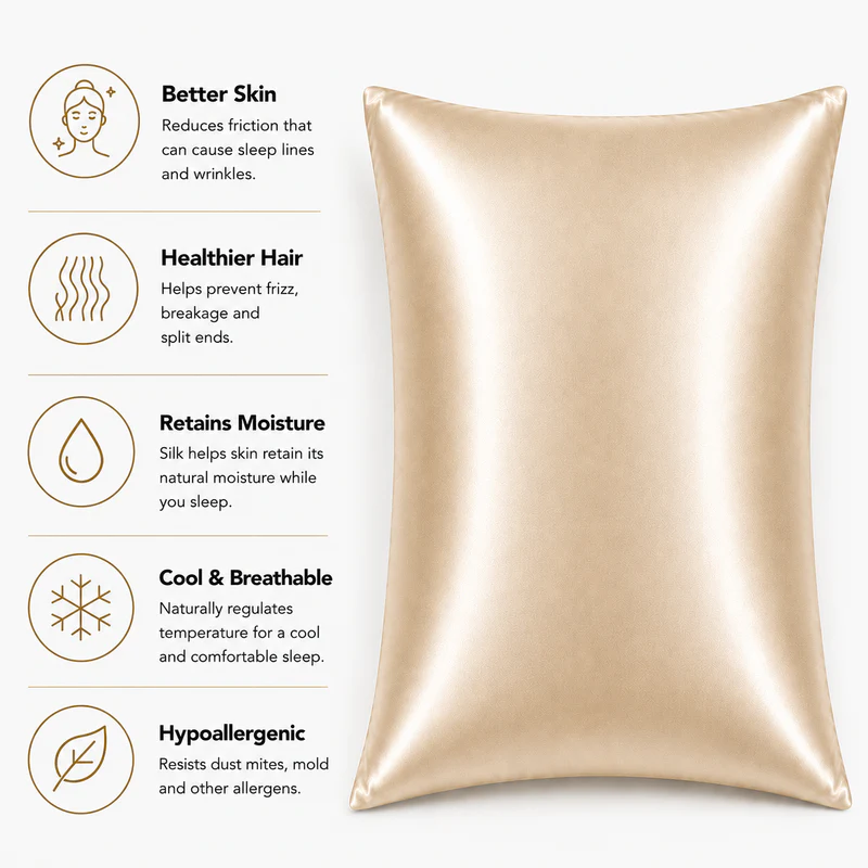 Silk pillowcase with benefits listed on a white background