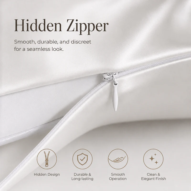 White pillow with a hidden zipper and text highlighting features.